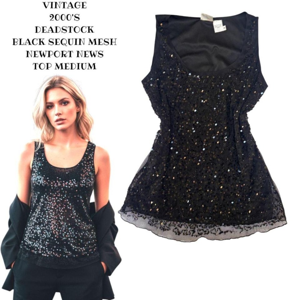 DEADSTOCK BLACK SEQUIN MESH NEWPORT NEWS TANK TOP BLOUSE MEDIUM NWOT
